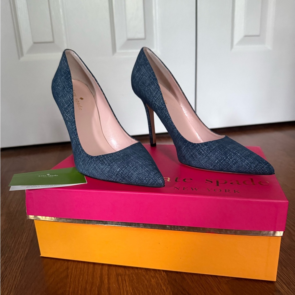 NEW Authentic KATE SPADE NEW YORK Larisa Blue Jean Denim Pointed Toe Heels 7.5